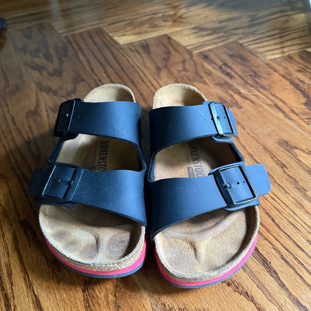Birkenstock Black Double Strap Sandals with Red Trim